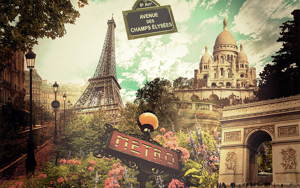 Paris Collage Retro Woven Self-Adhesive Removable Wallpaper Modern Mural M270