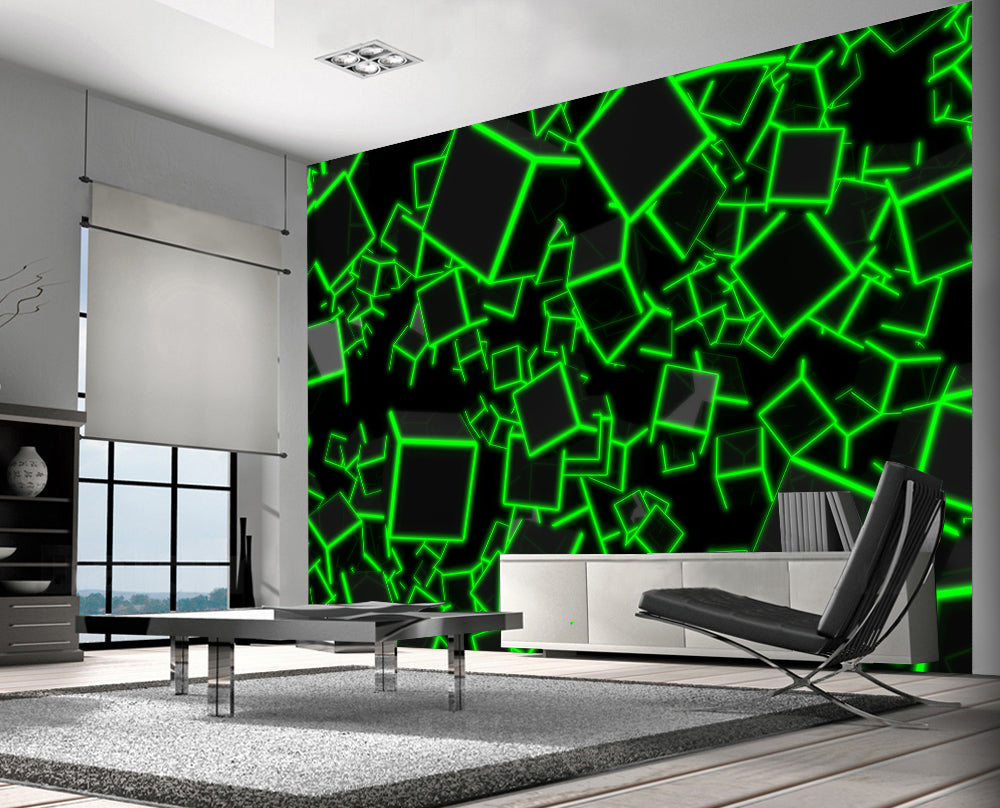 NEON CUBES GREEN Woven Self-Adhesive Removable Wallpaper Modern Mural M40
