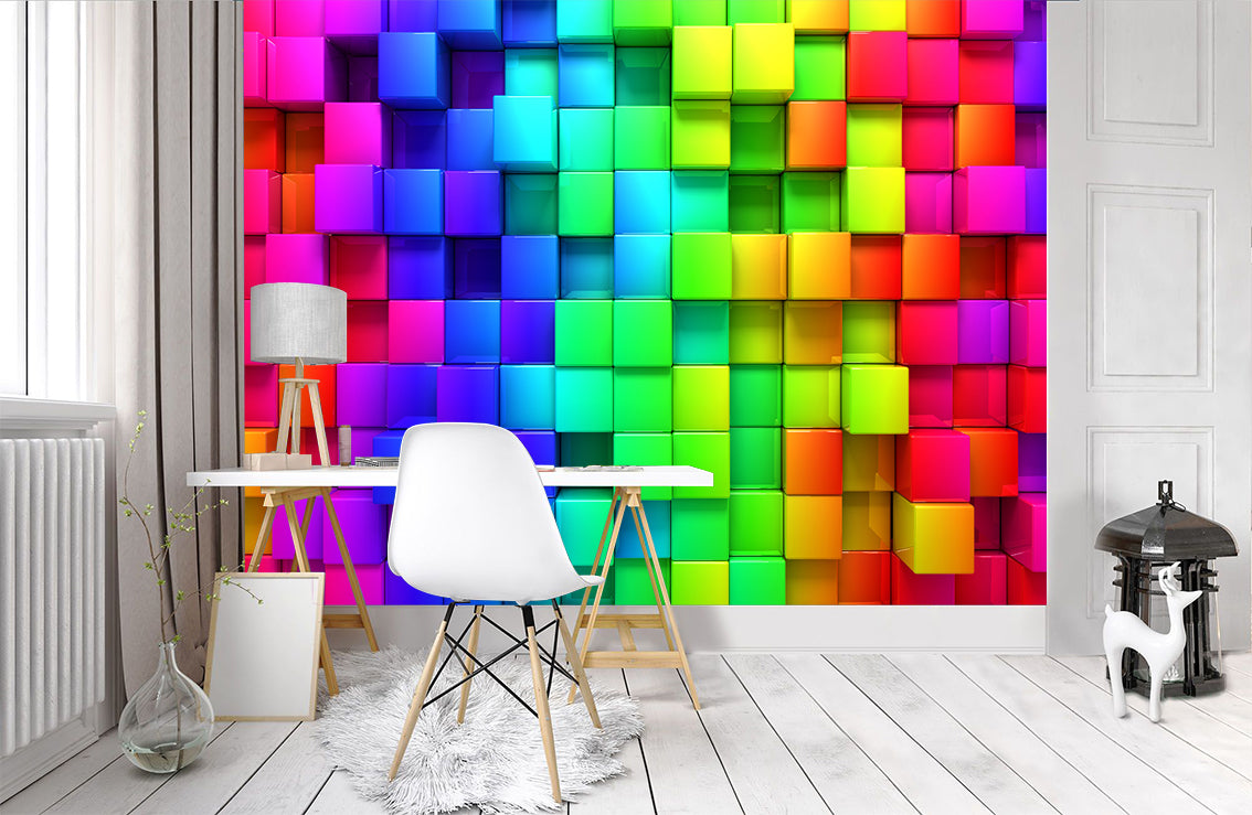 Colorful Blocks Cubes Woven Self-Adhesive Removable Wallpaper Modern Mural M50