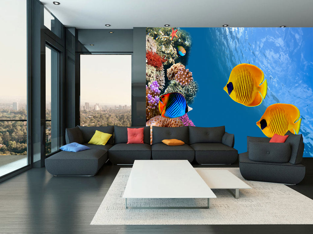 Poisson tropical récif de corail océan tissé auto-adhésif papier peint amovible mural moderne M76