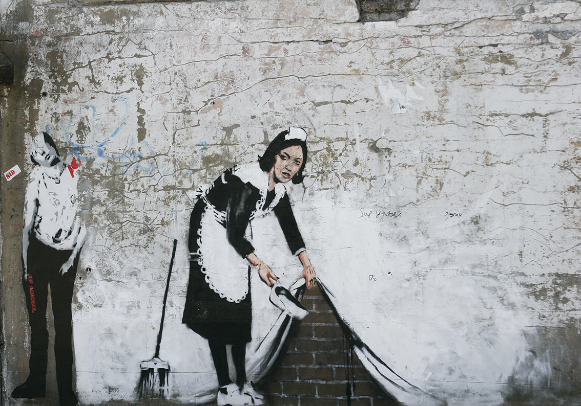 Banksy Cleaning Maid Woven Self-Adhesive Removable Wallpaper Modern Mural M84