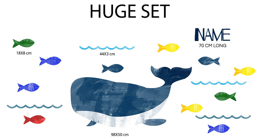 PAINTED WHALE AND FISH Set Personalized Custom Name Wall Sticker Decal WC177