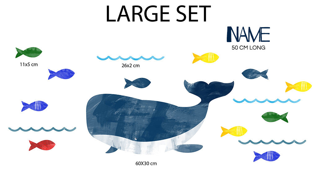 PAINTED WHALE AND FISH Set Personalized Custom Name Wall Sticker Decal WC177