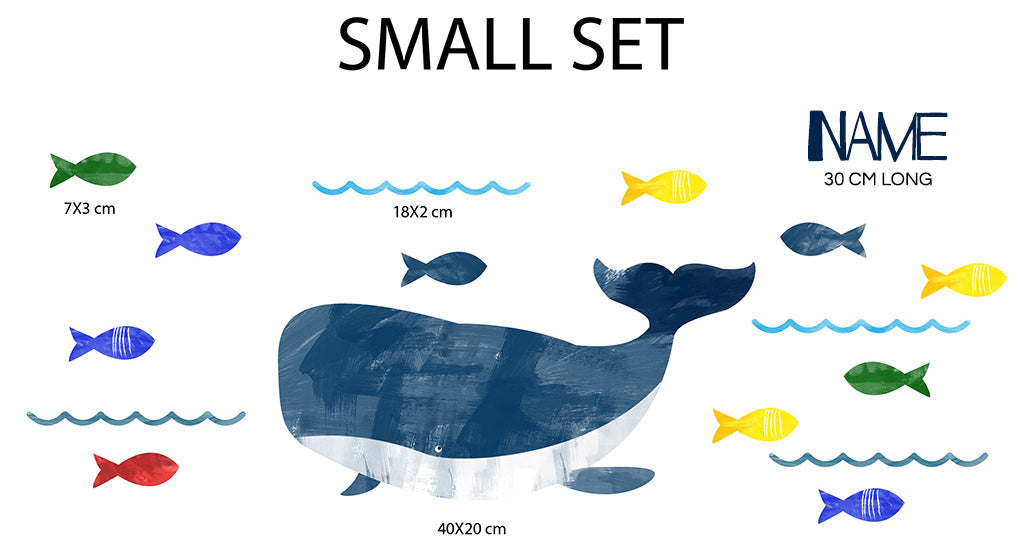 PAINTED WHALE AND FISH Set Personalized Custom Name Wall Sticker Decal WC177