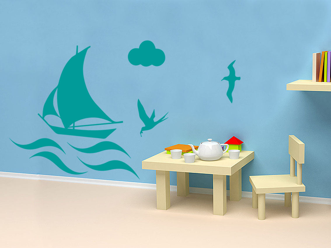 BOAT ON THE SEA Wall Sticker Decal Stencil Silhouette ST183
