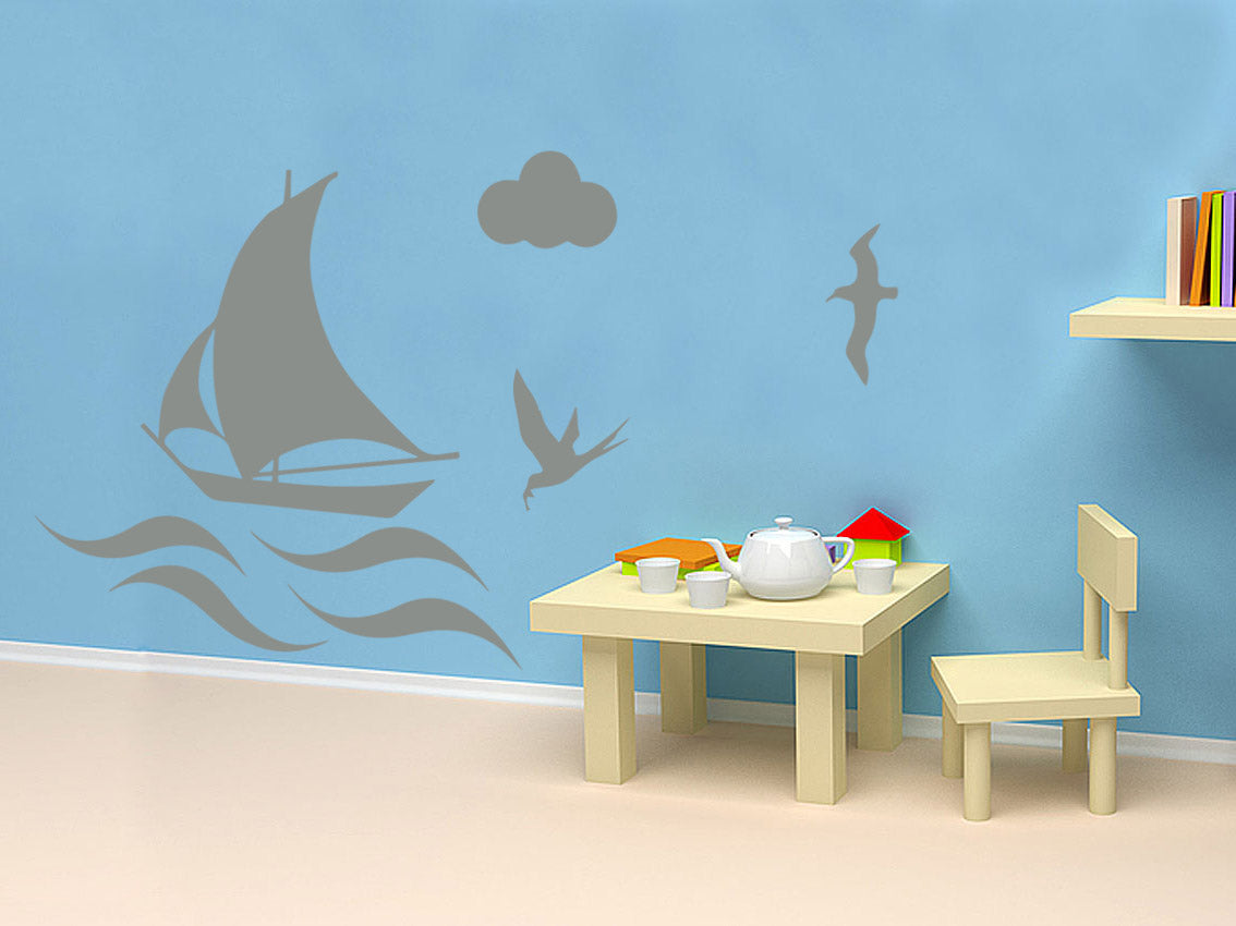 BOAT ON THE SEA Wall Sticker Decal Stencil Silhouette ST183