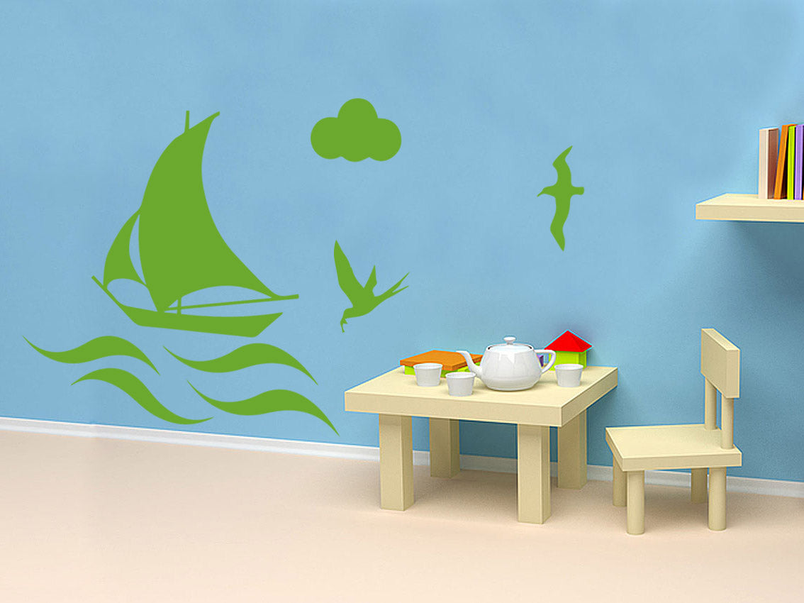 BOAT ON THE SEA Wall Sticker Decal Stencil Silhouette ST183