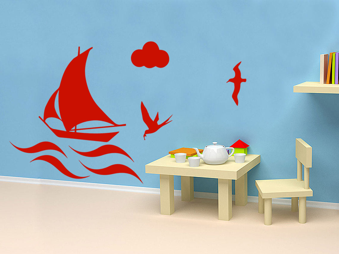 BOAT ON THE SEA Wall Sticker Decal Stencil Silhouette ST183