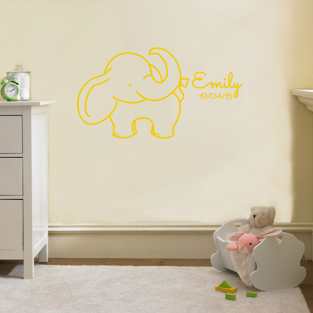 NOM ET NAISSANCE DATE ELEPHANT Plaque murale personnalisée Decal Stencil Silhouette ST234
