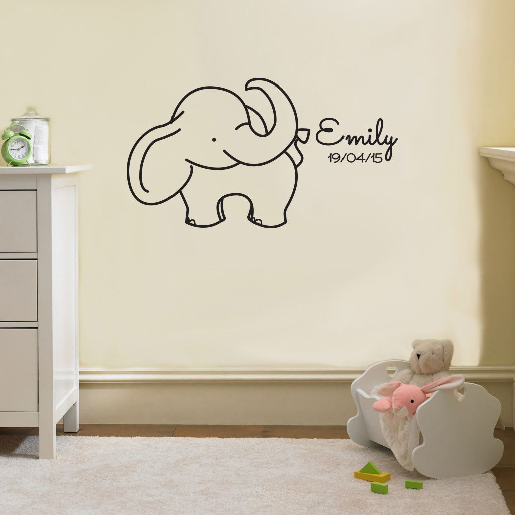 NOM ET NAISSANCE DATE ELEPHANT Plaque murale personnalisée Decal Stencil Silhouette ST234