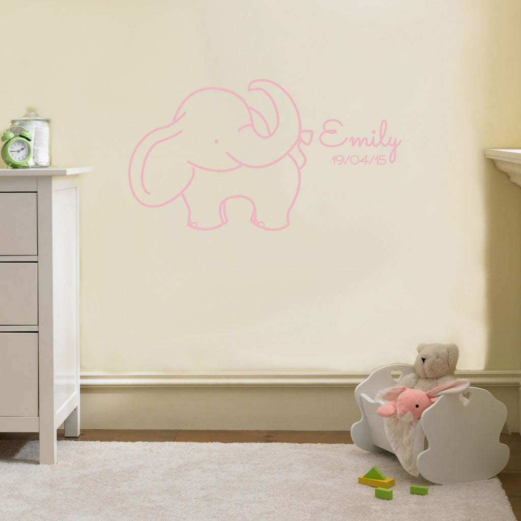 NOM ET NAISSANCE DATE ELEPHANT Plaque murale personnalisée Decal Stencil Silhouette ST234