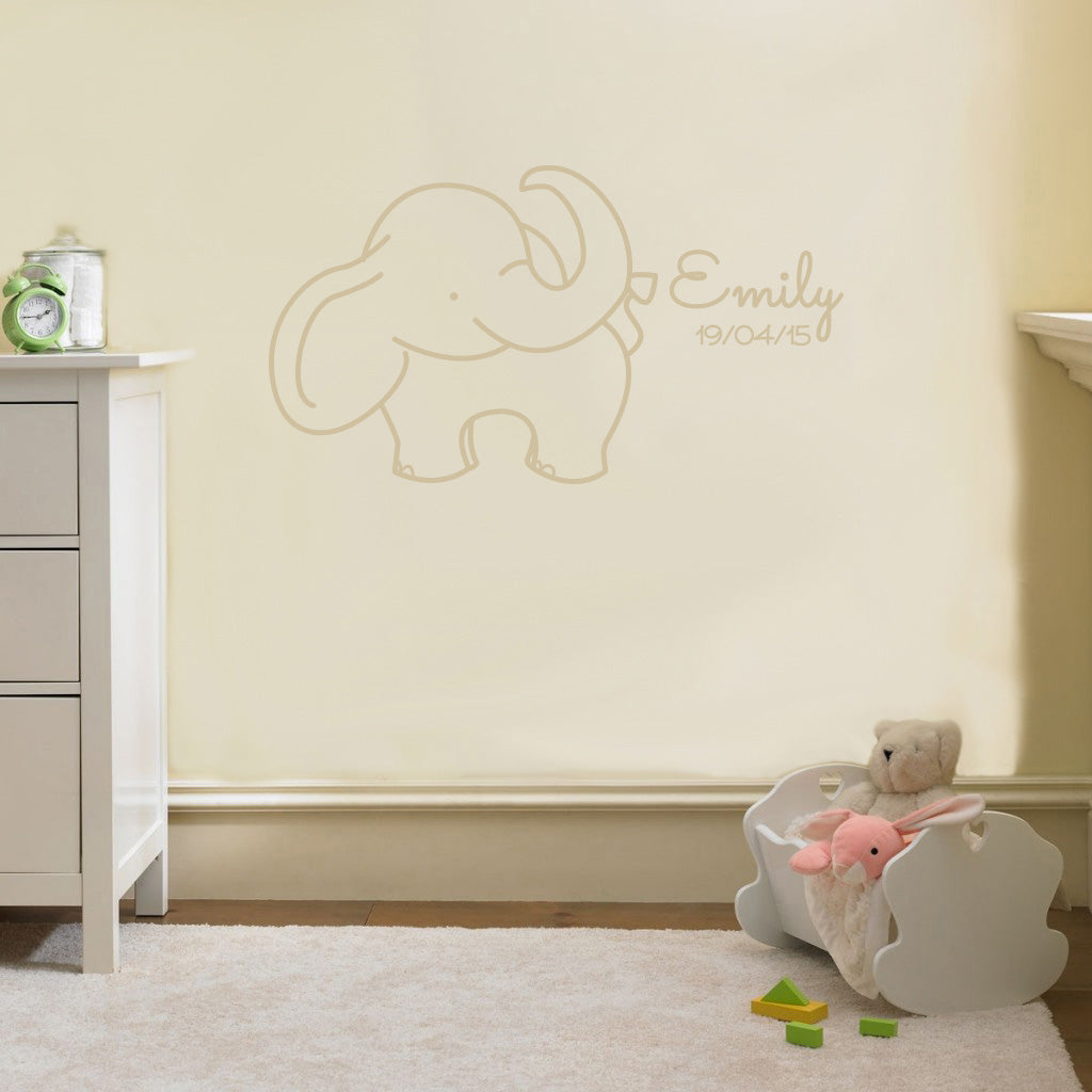 NOM ET NAISSANCE DATE ELEPHANT Plaque murale personnalisée Decal Stencil Silhouette ST234