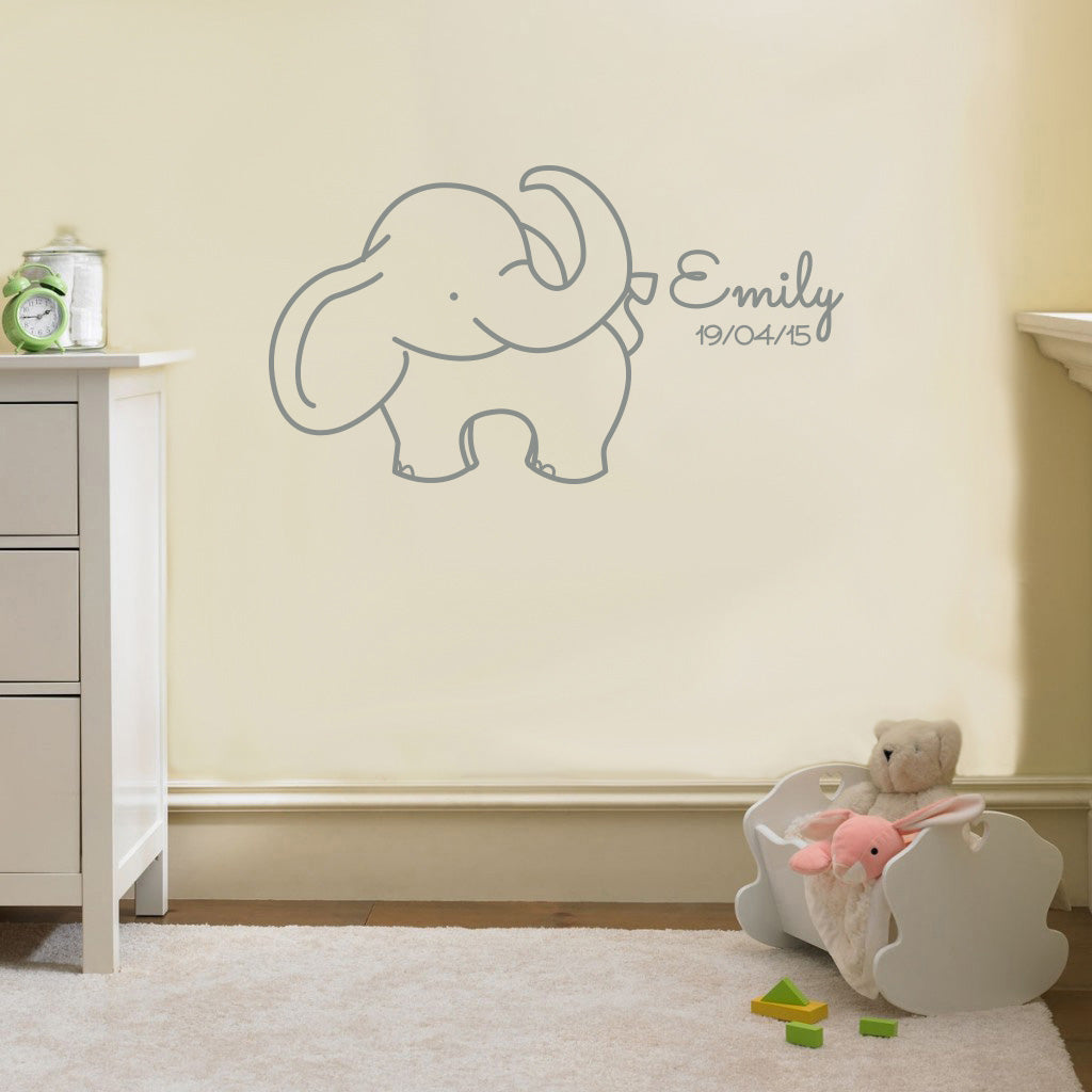 NOM ET NAISSANCE DATE ELEPHANT Plaque murale personnalisée Decal Stencil Silhouette ST234
