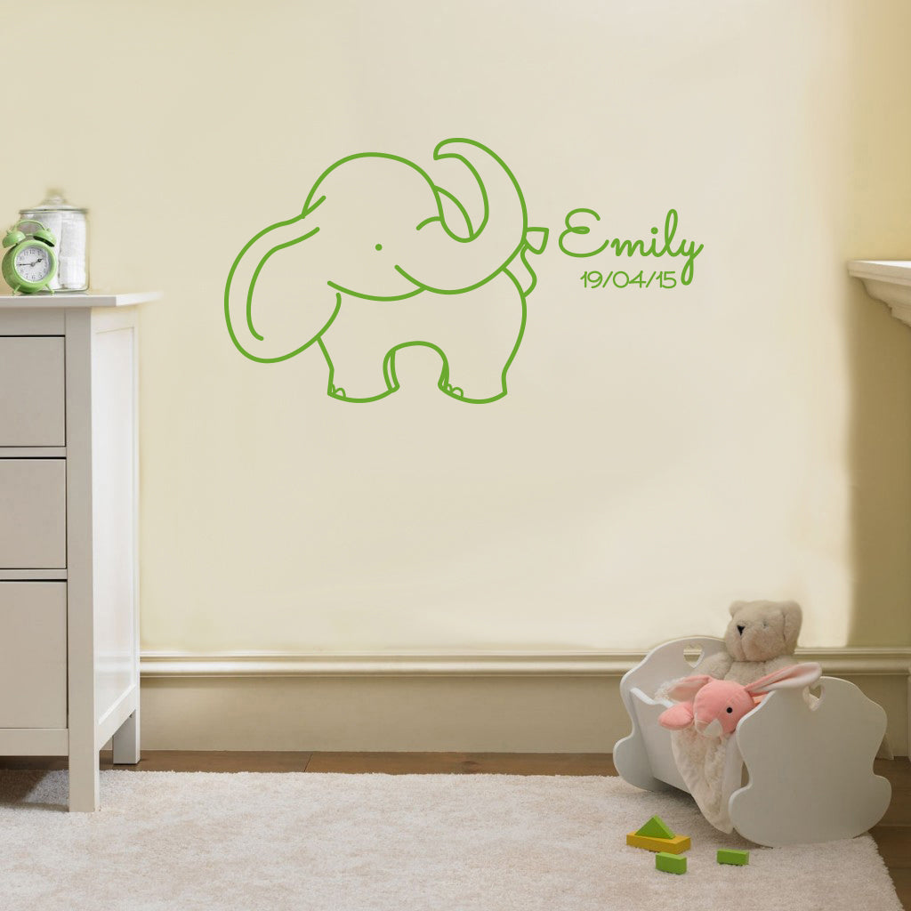 NOM ET NAISSANCE DATE ELEPHANT Plaque murale personnalisée Decal Stencil Silhouette ST234