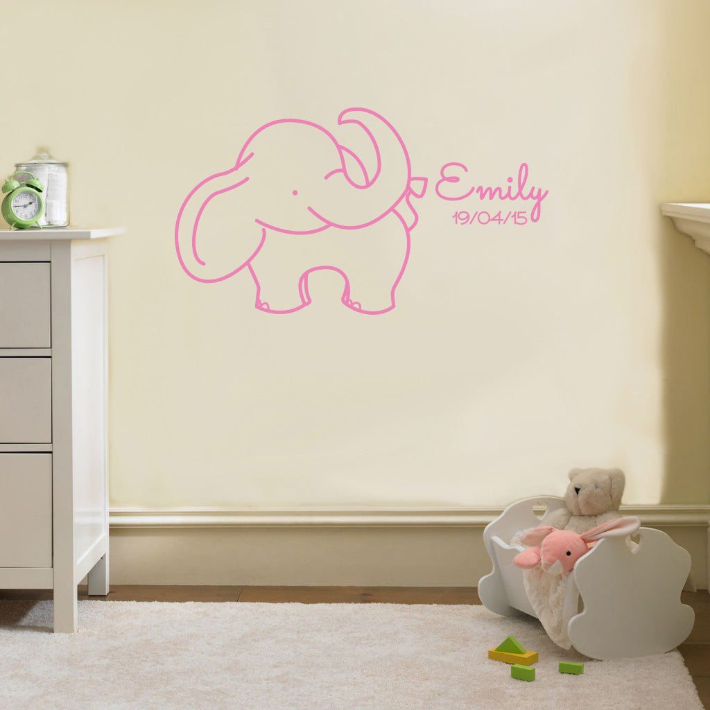 NOM ET NAISSANCE DATE ELEPHANT Plaque murale personnalisée Decal Stencil Silhouette ST234