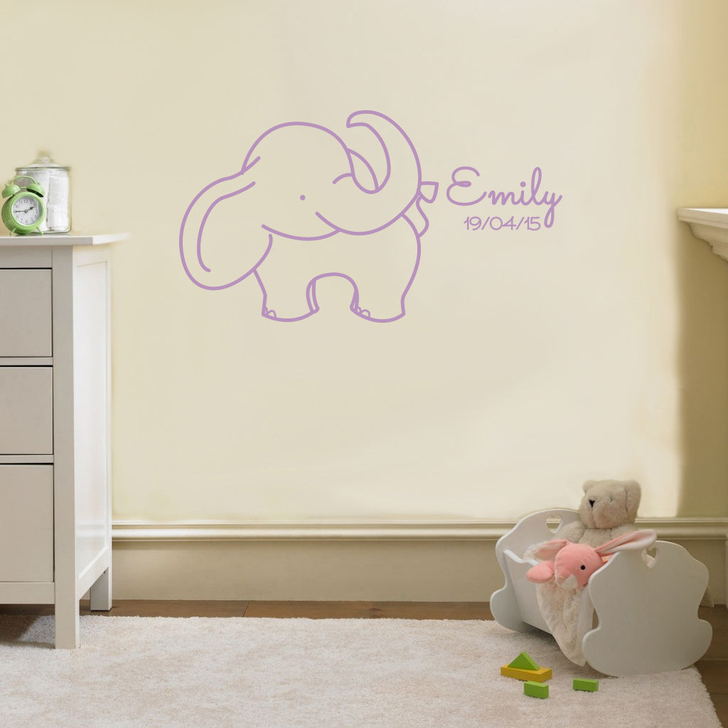 NOM ET NAISSANCE DATE ELEPHANT Plaque murale personnalisée Decal Stencil Silhouette ST234