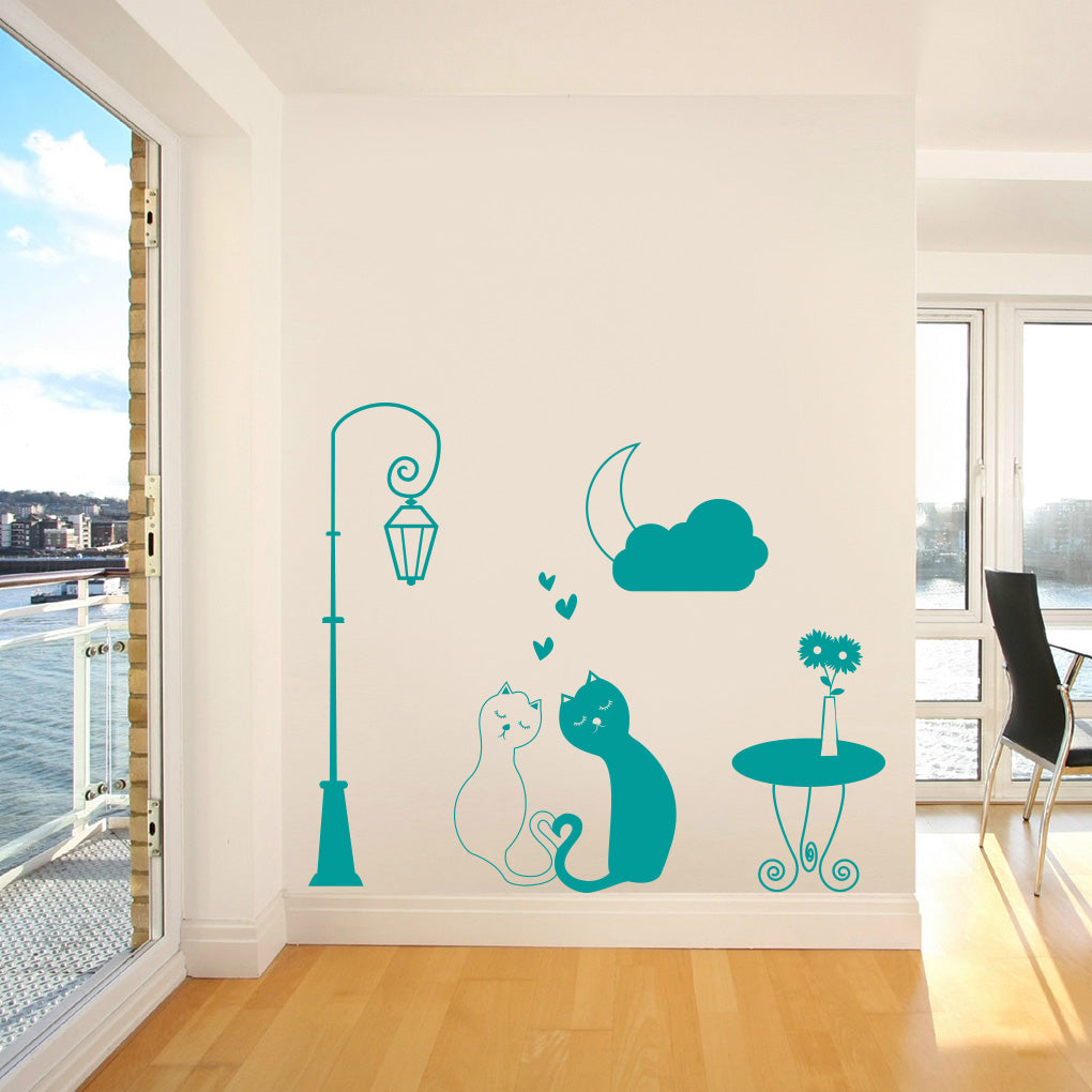 Loving Cats Street Light Moon Wall Sticker Decal Stencil Silhouette ST257