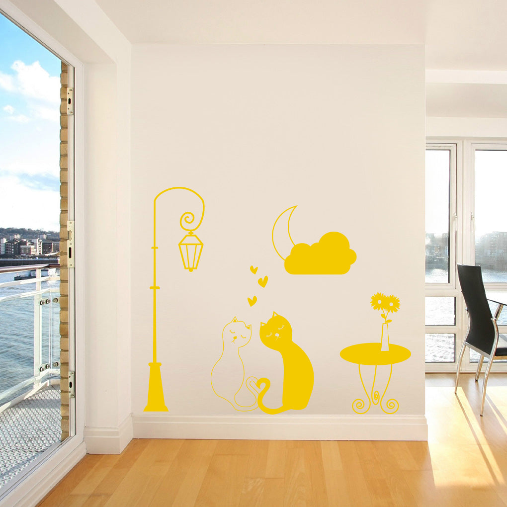 Loving Cats Street Light Moon Wall Sticker Decal Stencil Silhouette ST257