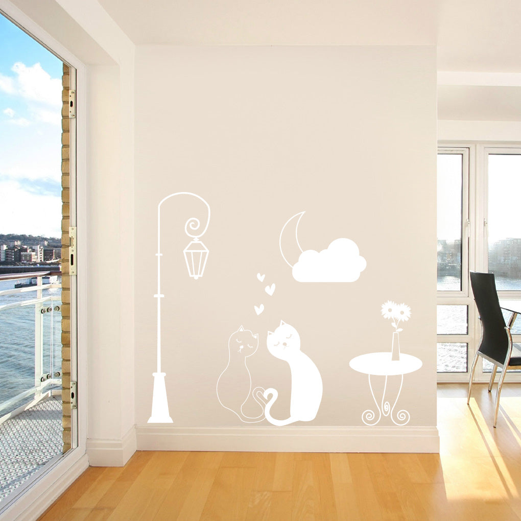 Loving Cats Street Light Moon Wall Sticker Decal Stencil Silhouette ST257