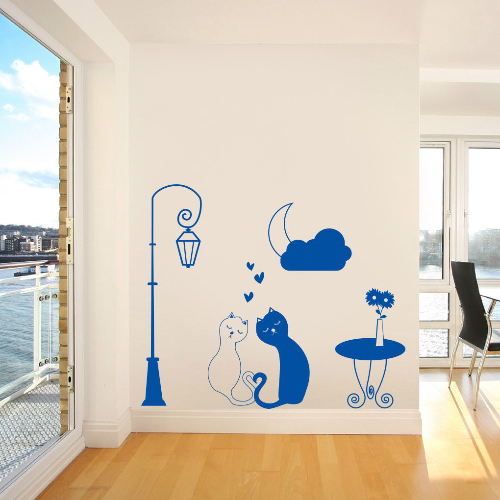 Loving Cats Street Light Moon Wall Sticker Decal Stencil Silhouette ST257