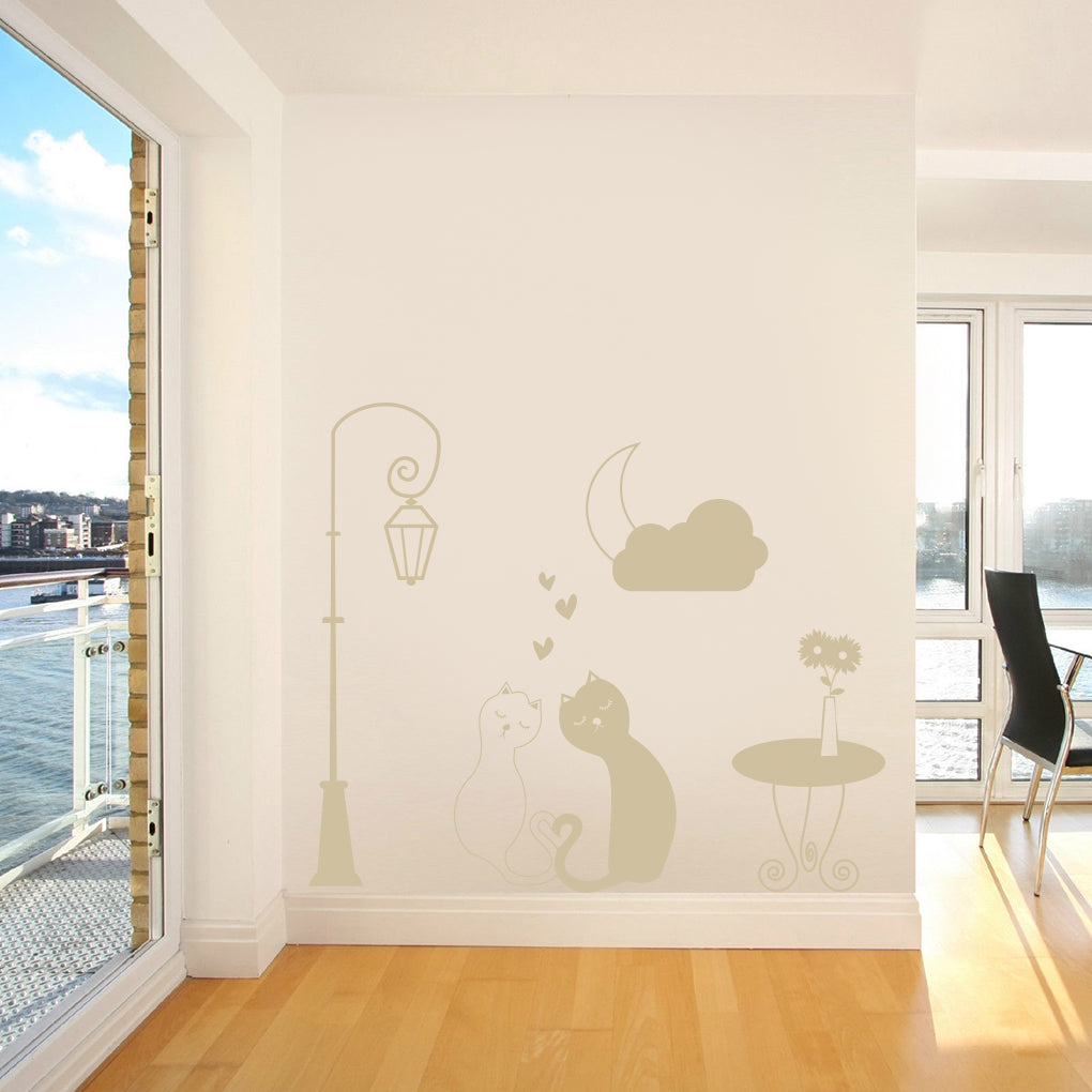 Loving Cats Street Light Moon Wall Sticker Decal Stencil Silhouette ST257