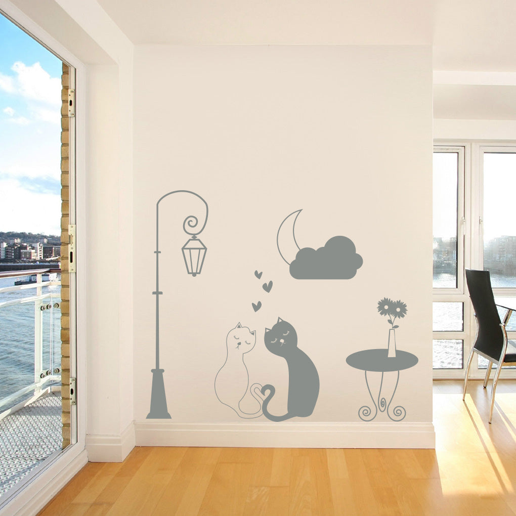 Loving Cats Street Light Moon Wall Sticker Decal Stencil Silhouette ST257