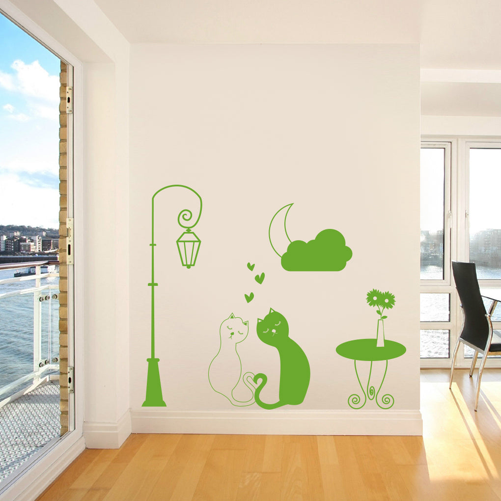 Loving Cats Street Light Moon Wall Sticker Decal Stencil Silhouette ST257