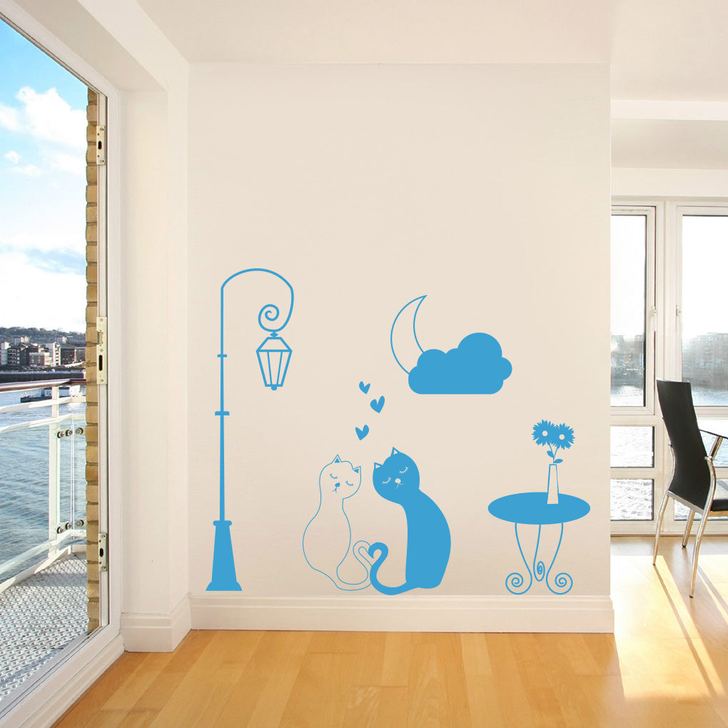 Loving Cats Street Light Moon Wall Sticker Decal Stencil Silhouette ST257