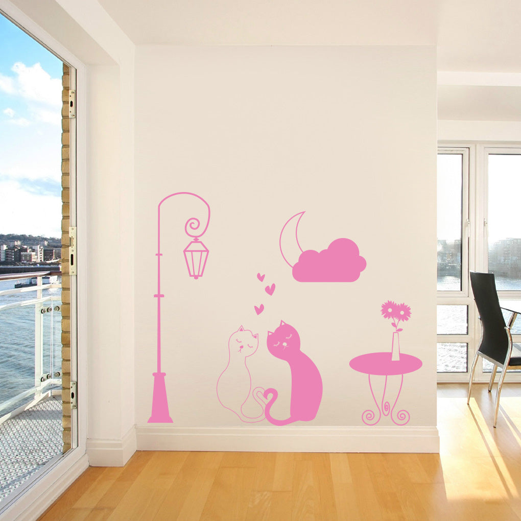 Loving Cats Street Light Moon Wall Sticker Decal Stencil Silhouette ST257