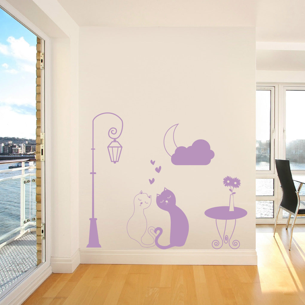 Loving Cats Street Light Moon Wall Sticker Decal Stencil Silhouette ST257