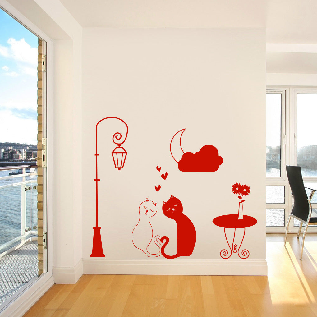 Loving Cats Street Light Moon Wall Sticker Decal Stencil Silhouette ST257