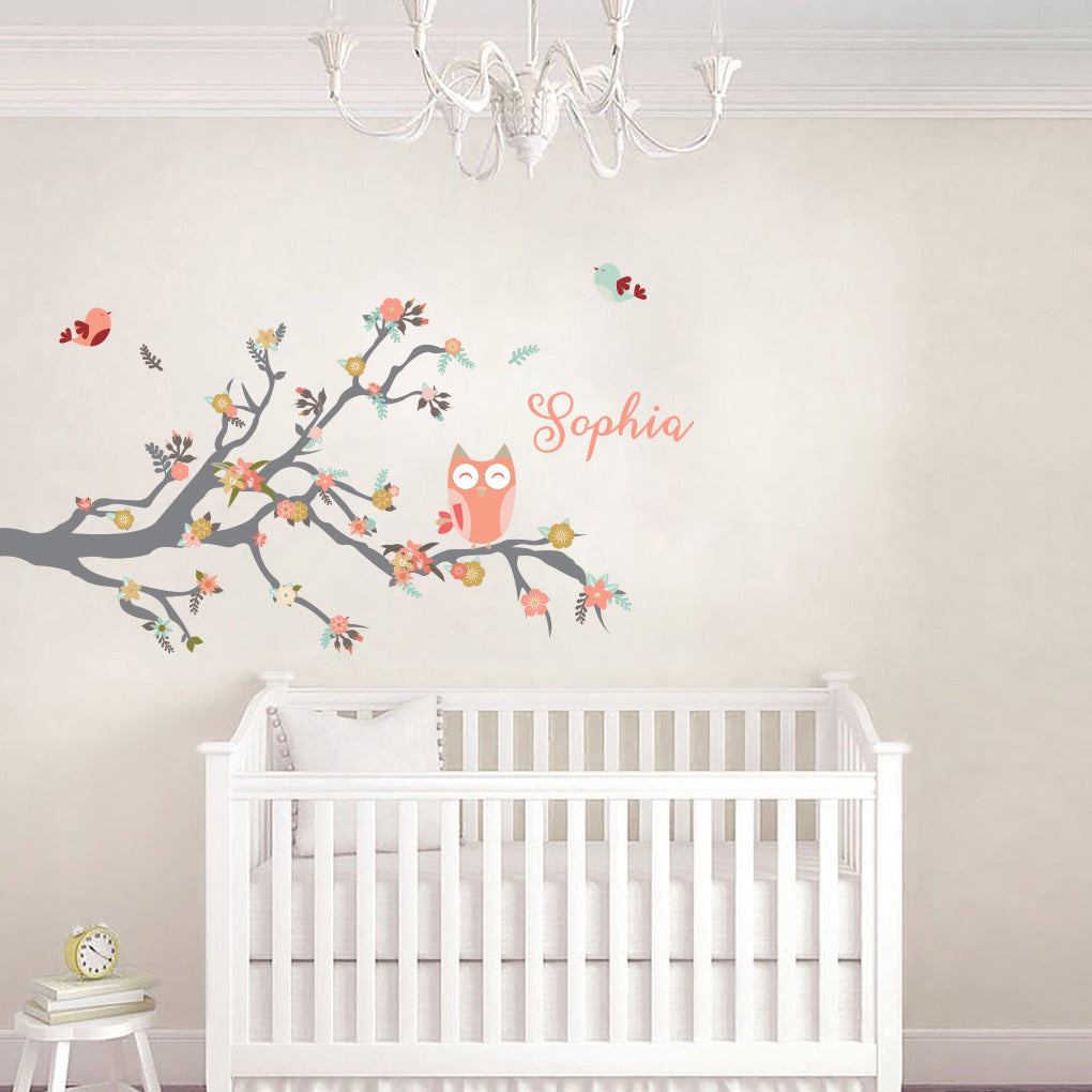 Kids Tree Branch and Owl Personalized Custom Name Wall Sticker Decal WC154