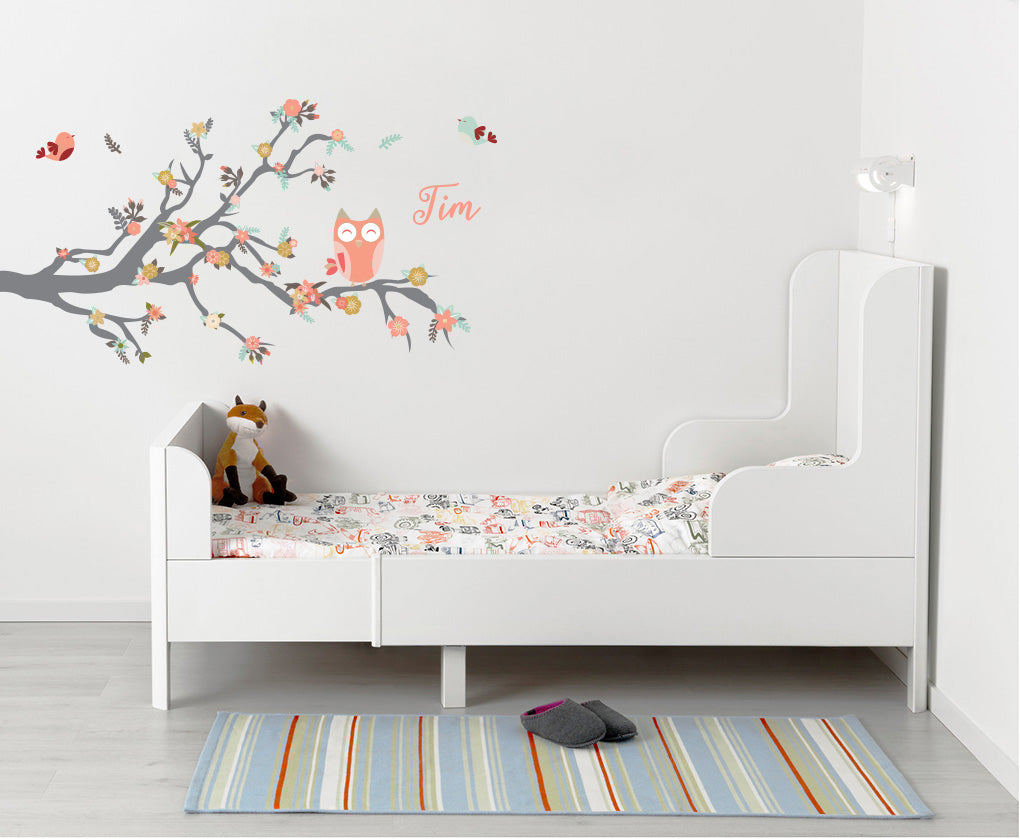 Kids Tree Branch and Owl Personalized Custom Name Wall Sticker Decal WC154