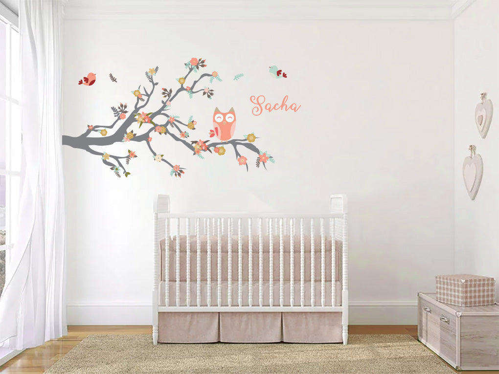 Kids Tree Branch and Owl Personalized Custom Name Wall Sticker Decal WC154