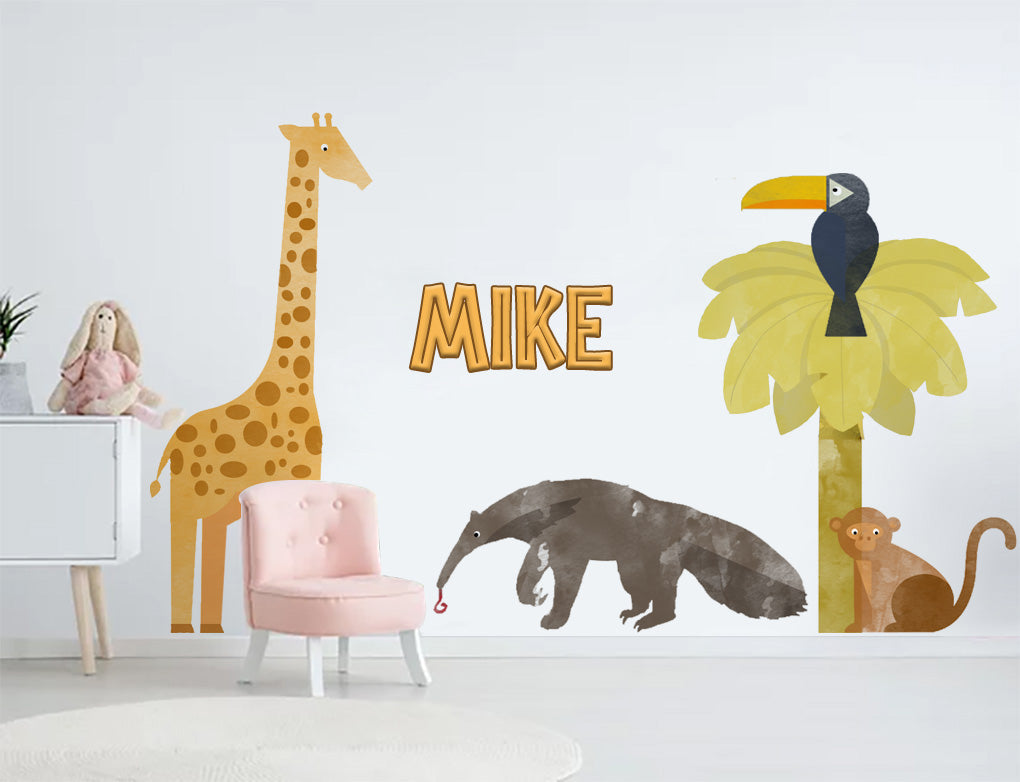 AFRICAN WATERCOLOR ANIMAL Set Personalized Custom Name Wall Sticker Decal WC175
