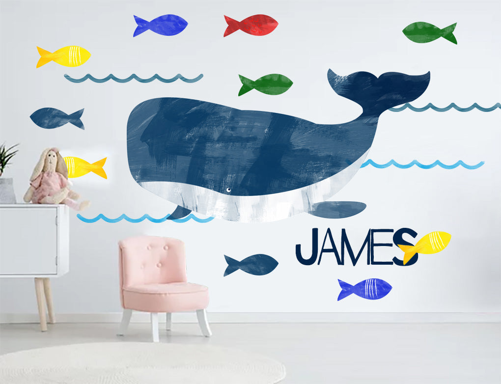 PAINTED WHALE AND FISH Set Personalized Custom Name Wall Sticker Decal WC177
