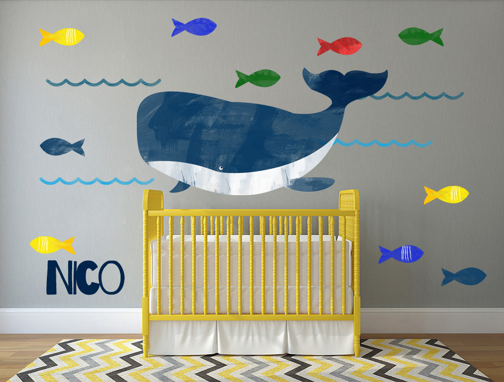 PAINTED WHALE AND FISH Set Personalized Custom Name Wall Sticker Decal WC177