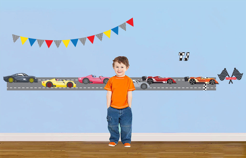 Kids Race Cars Set Personalized Custom Name Wall Sticker Decal WC244