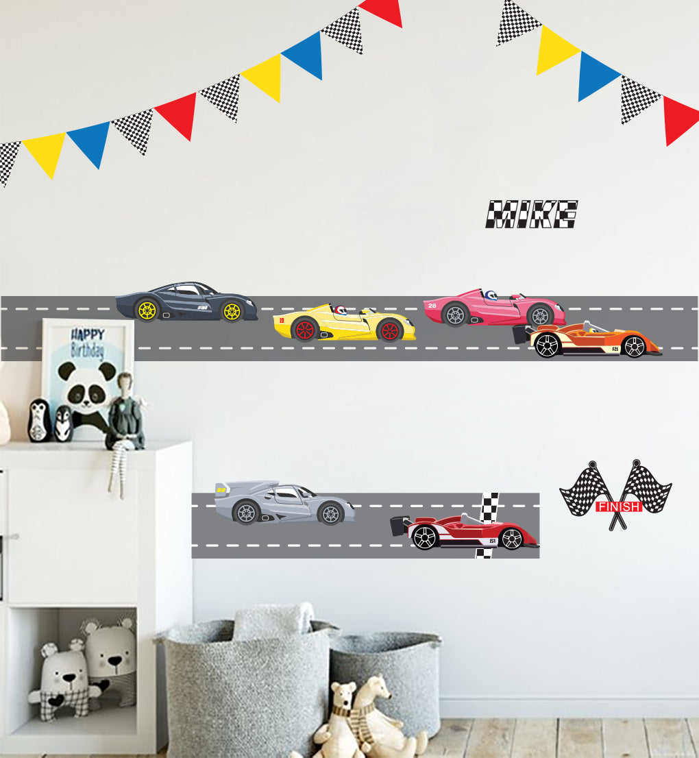 Kids Race Cars Set Personalized Custom Name Wall Sticker Decal WC244