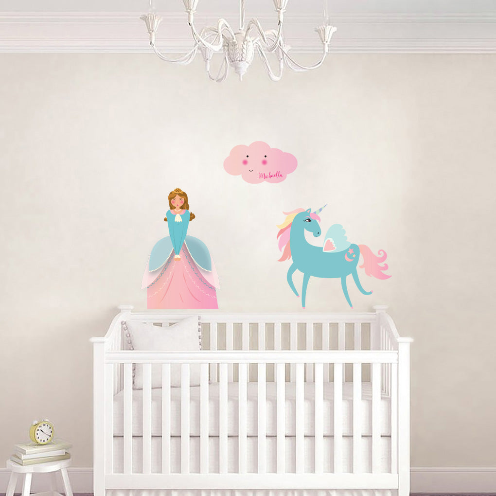 Kids Unicorn Princess Personnalisé Custom Name Wall Sticker Décalque WC252