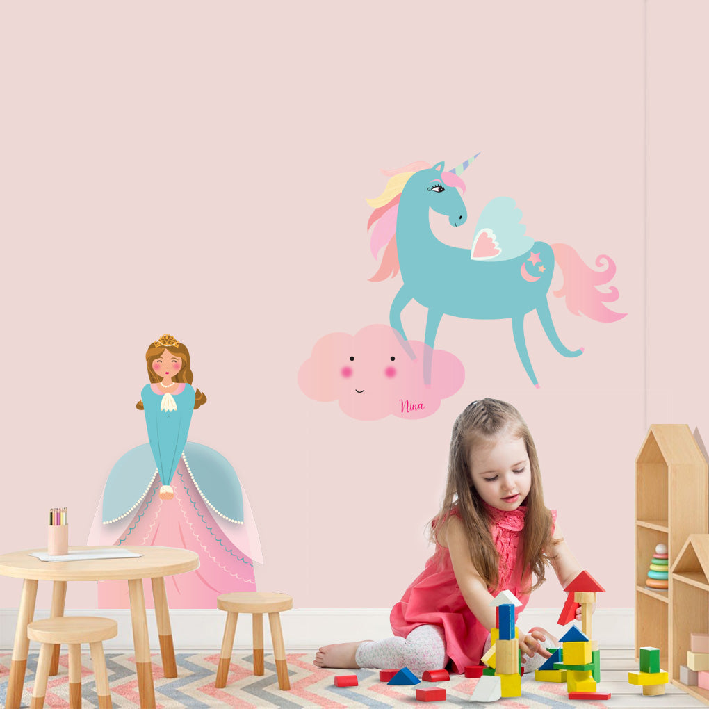 Kids Unicorn Princess Personnalisé Custom Name Wall Sticker Décalque WC252