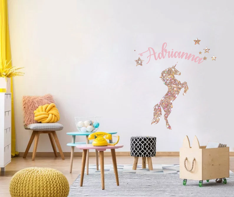 Unicorn Personalized Glitter Effect Custom Name Wall Sticker Decal WC313