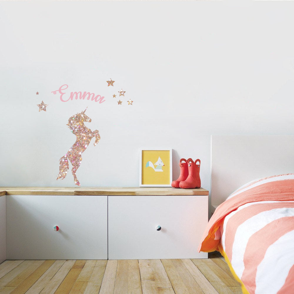 Unicorn Personalized Glitter Effect Custom Name Wall Sticker Decal WC313