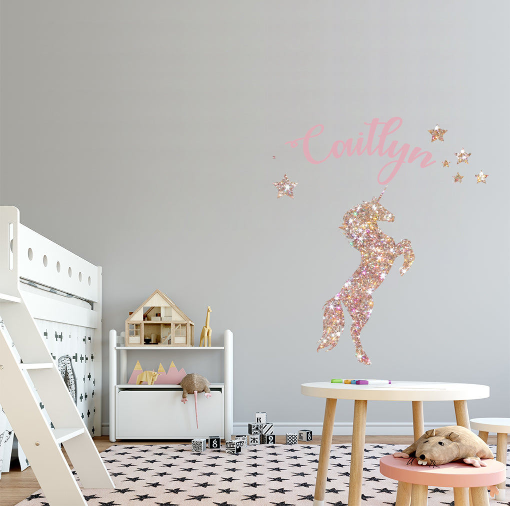 Unicorn Personalized Glitter Effect Custom Name Wall Sticker Decal WC313