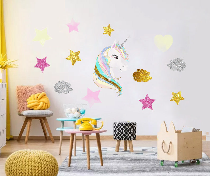 Unicorn Hearts & Stars Super-Set Wall Sticker Decal WC355