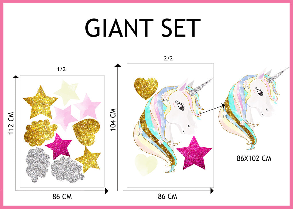 Unicorn Hearts & Stars Super-Set Wall Sticker Decal WC355