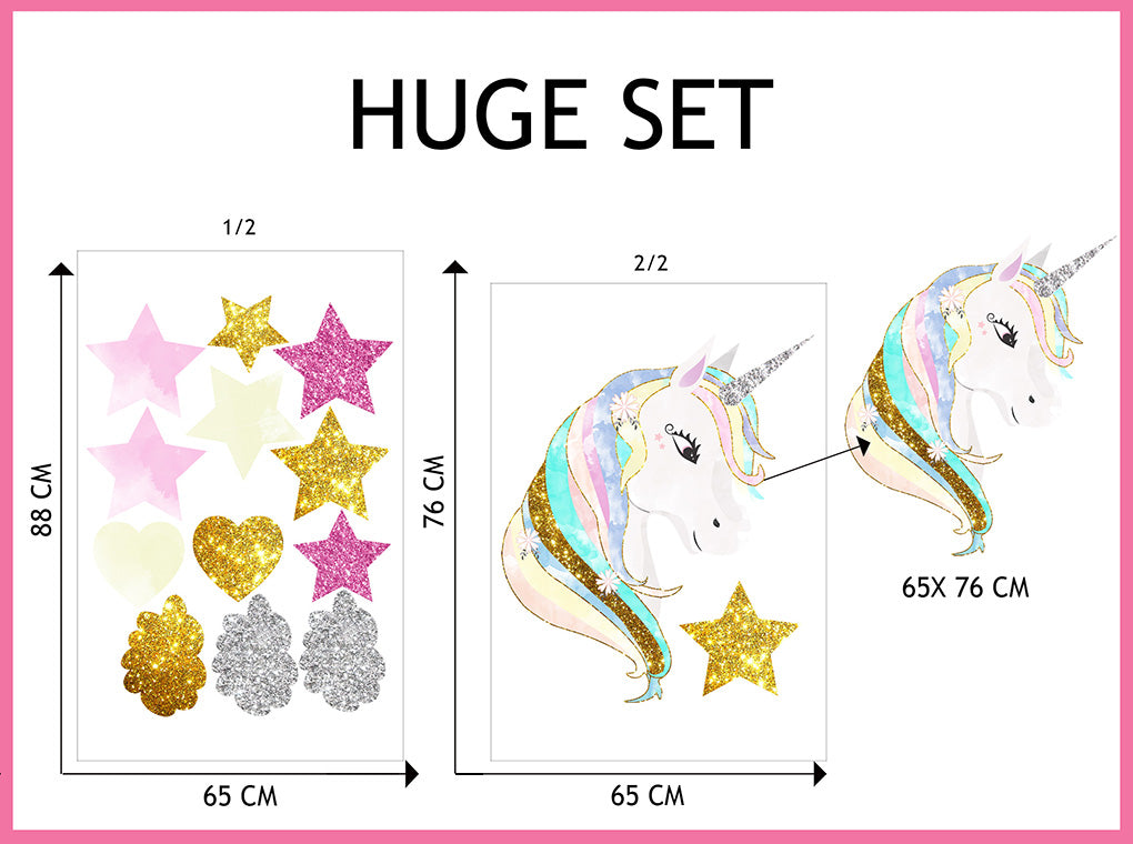 Unicorn Hearts & Stars Super-Set Wall Sticker Decal WC355