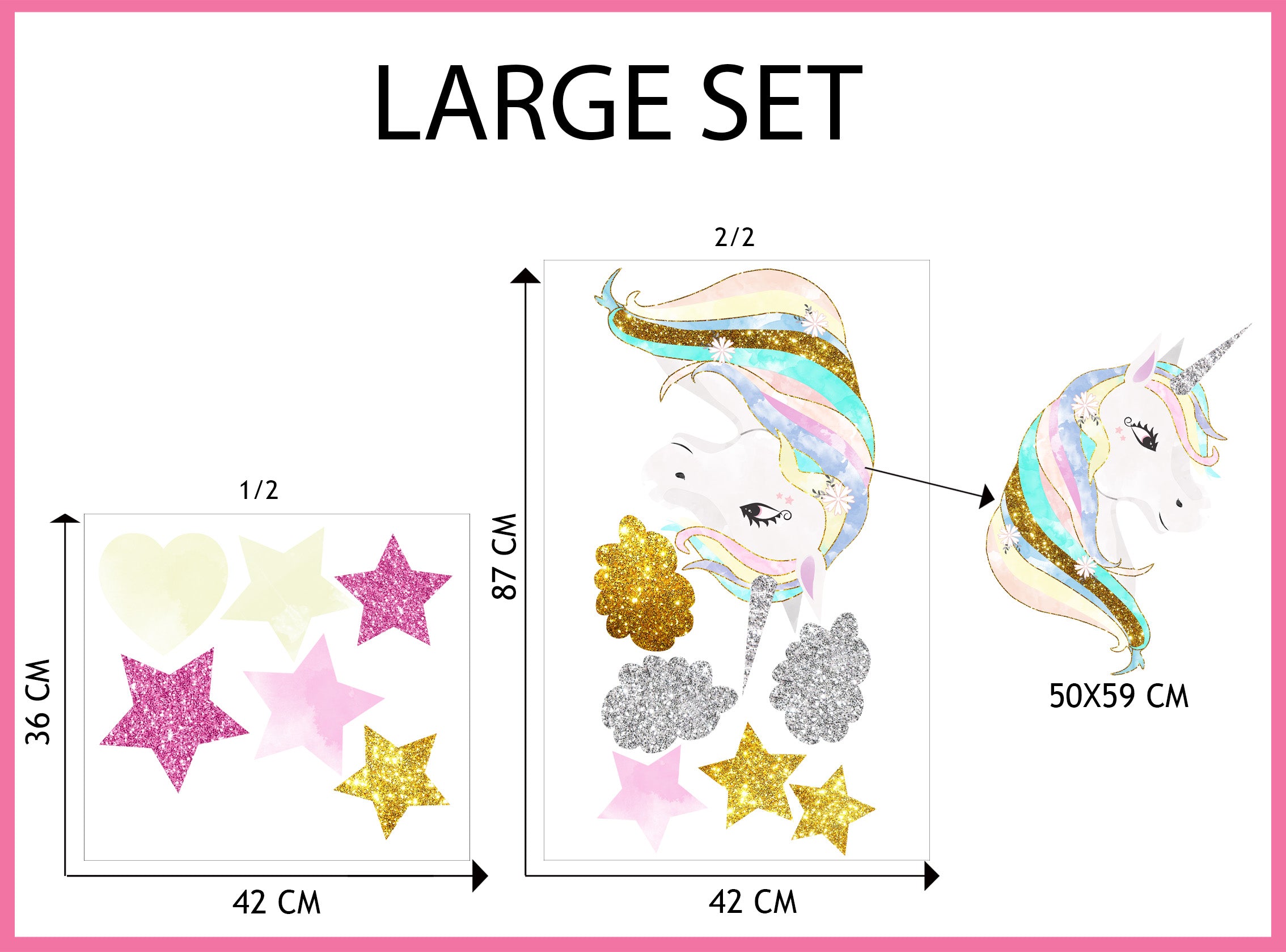 Unicorn Hearts & Stars Super-Set Wall Sticker Decal WC355