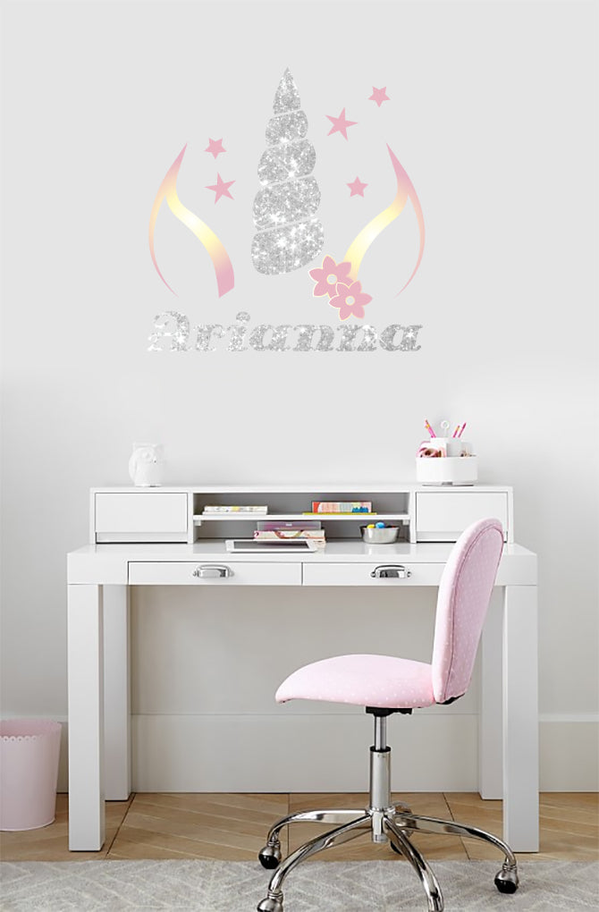 Unicorn Silver Rainbow Personalized Custom Name Wall Sticker Decal WP261
