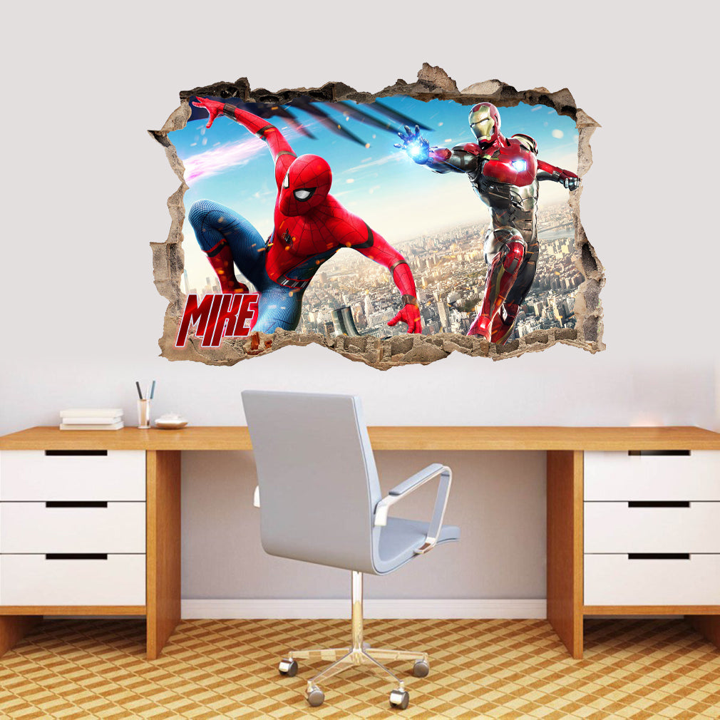 Spider-Man Iron Man Personnalisé 3D Smashed Bricks Decal Wall Sticker WP269